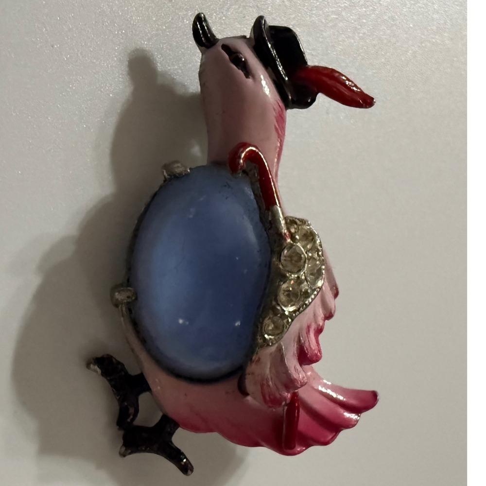 Vtg CORO Mr Duck Brooch Pin Pink Enamel Blue Jelly Belly Rhinestone Top Hat